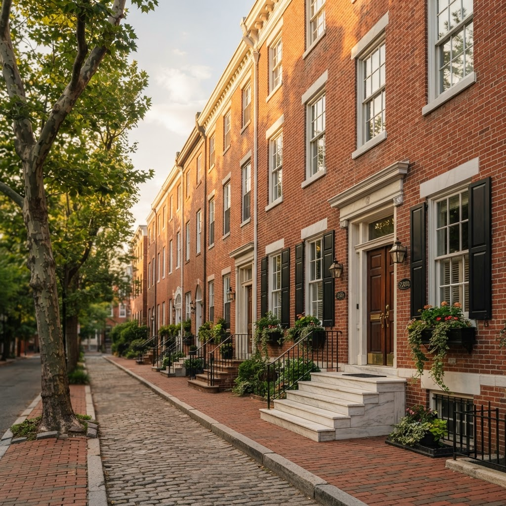 A row of classic Philadelphia brick rowhomes on a residential street